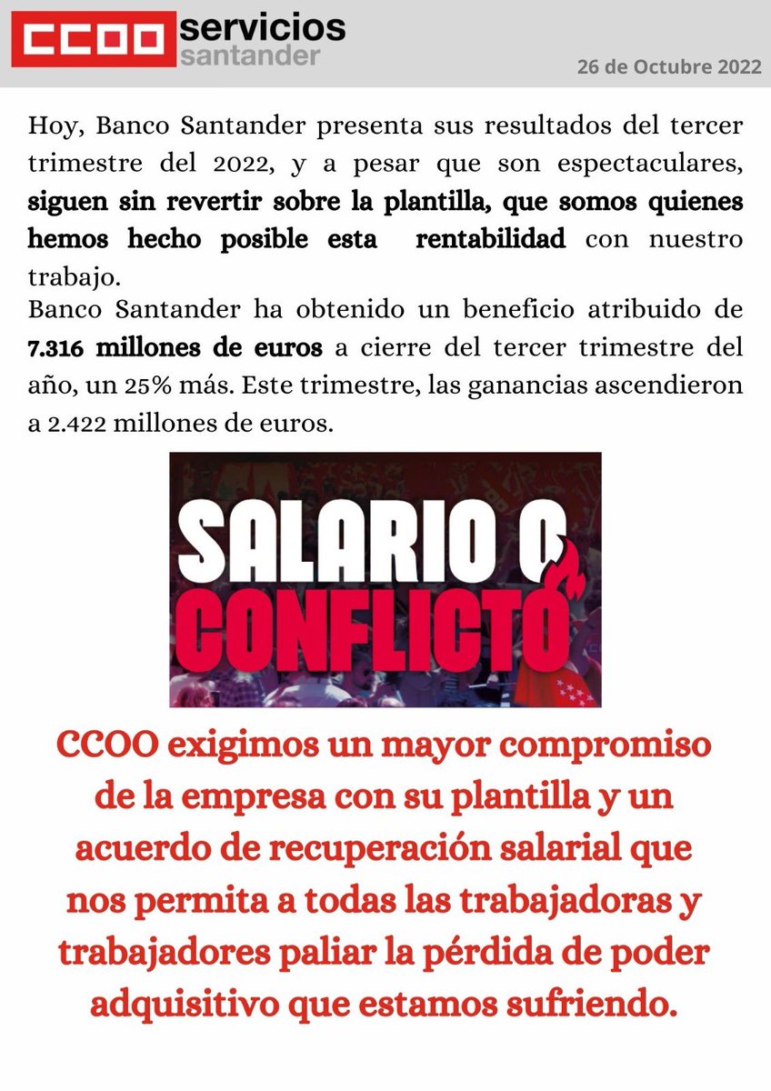 ➡️ PRESENTACIÓN DE RESULTADOS DE BANCO SANTANDER Tras conocer que @bancosantander ha obtenido un beneficio de 7.316 m de €, @serviciosccoo exigimos un mayor compromiso de la empresa con su plantilla 🔊 Por eso nos movilizamos 28 octubre para pedir recuperación poder adquisitivo