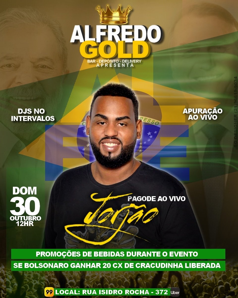 Domingo pagode ao vivo e apuração dos votos , já deixa seu voto aí, e venha curti no Alfredo Gold 🥃🍺🍻? Lula X Bolsonaro