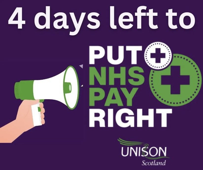 🟪 FOUR DAYS REMAINING 🟩

👩🏻‍🤝‍👨🏿 Let’s all stand together and tell The Health Secretary @HumzaYousaf in one loud voice - if they don’t offer us an acceptable pay rise, we WILL take strike❗️

#PutNHSPayRight #PayCampaign #EnoughIsEnough #PayBallot #WeDemandBetter #PayRiseOrWeRise