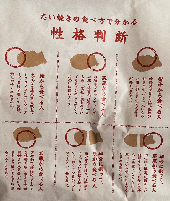 たい焼き買ったら袋に乗ってた
自分は頭からだなあ 