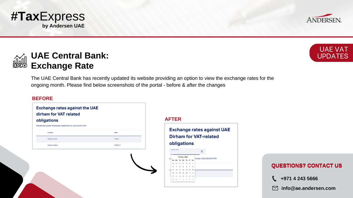 AndersenUAE's tweet photo. The #UAECentralBank published exchange rates used by tax registrants to convert foreign currency into AED for #VAT purposes.
A recent update on their website provides an option to view the exchange rates for the ongoing month.
#TaxExpressByAndersen #Tax #CentralBankUpdates https://t.co/gPSH1UfN3u