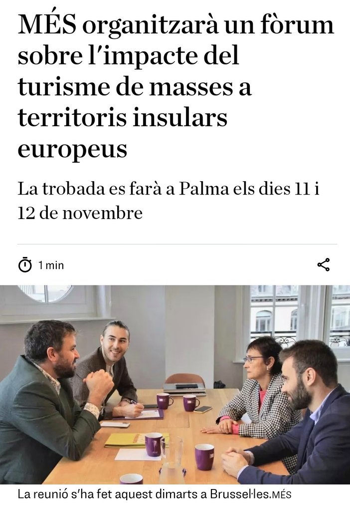 🌟 Bon dia i gràcies a <a href="/LluisApesteguia/">Lluís Apesteguia</a>  <a href="/MESperMallorca/">MÉS per Mallorca</a> per les jornades de treball -i la visita- a Brussel·les.

👉 MÉS organitzarà un fòrum sobre l'impacte del turisme de masses a territoris insulars europeus

arabalears.cat/politica/mes-o…