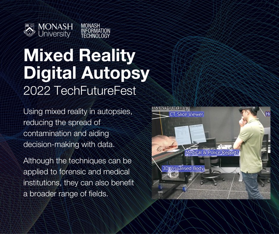 MonashInfotech's tweet image. Another project to be shown at #TechFutureFest on digital autopsies using #mixedreality! Better for decision-making while reducing contamination.

Learn more at the event! ow.ly/ctet50LkZuo

🗓️ 2 Nov, 12PM
📍Conversation Quarter, State Library of Victoria
@monashdigital