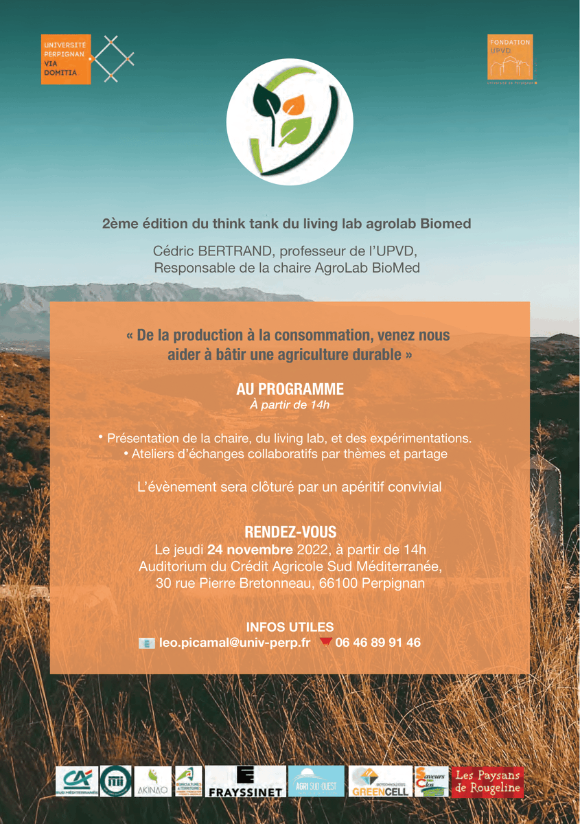 La chaire AgroLab BioMed vous invite à la 2ème édition du Think Tank 🥳

Rendez-vous le 24 novembre 2022 à partir de 14h00 à l’Auditorium du Crédit Agricole Sud Méditerranée.

Confirmer votre présence en vous inscrivant : 
👉  forms.gle/jLoo4Fuarfy2Zg…