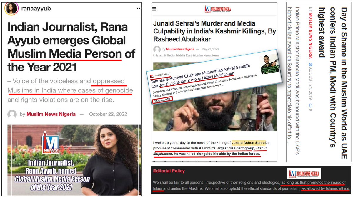 Rana Ayyub is conferred with the prestigious 'Muslim Media Person 2021' by Muslim News Nigeria, which praises terrst in Kashmir & follows the editorial integrity of journalism as per Islamic ethics. Turk Prez Erdoğan is MN's Global Personality 3 years in a row.