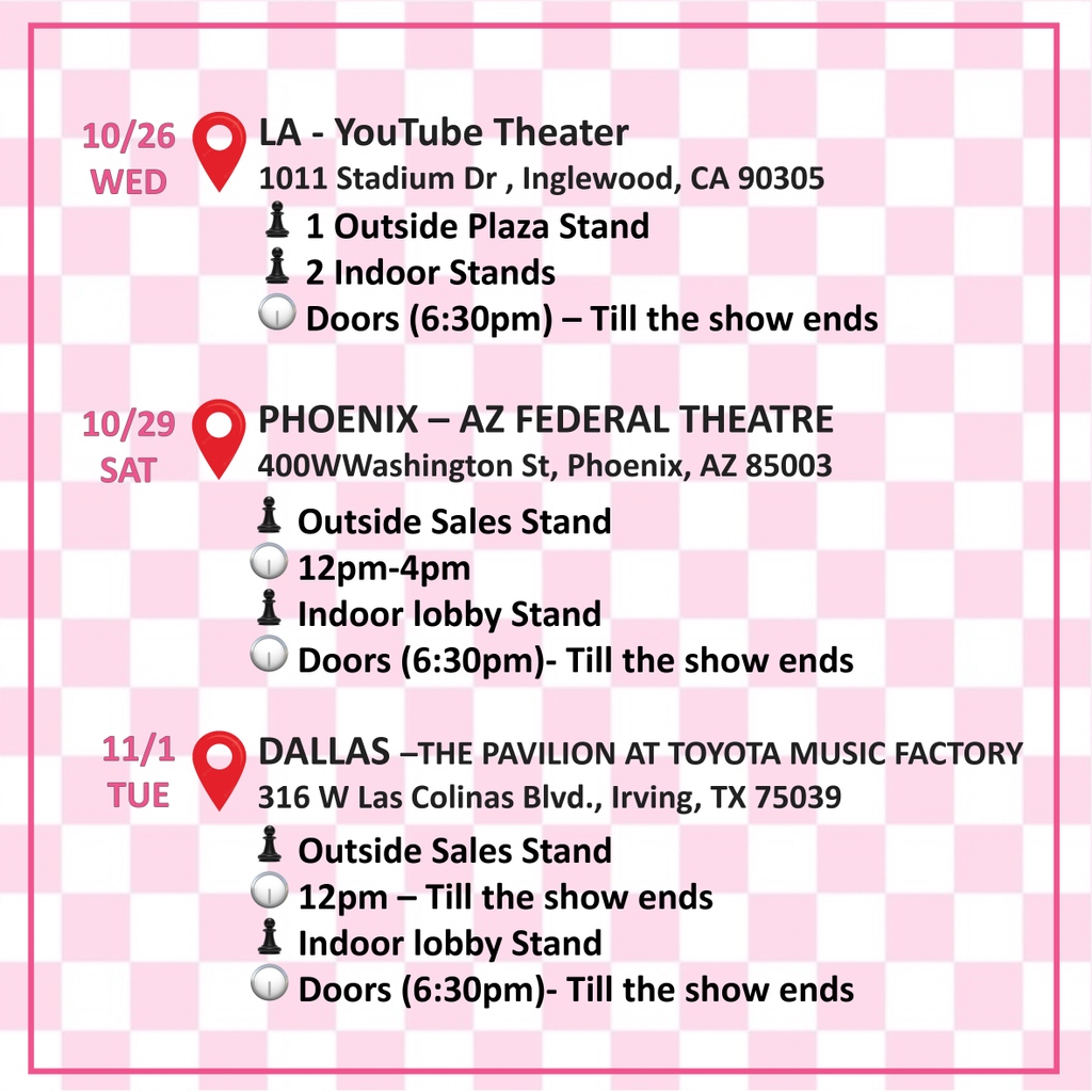 LiveNationKpop's tweet photo. ♟ITZY THE 1ST WORLD TOUR “CHECKMATE” OFFICIAL MERCHANDISE♟
 
✨MIDZY!✨ FINALLY!! ITZY IS BACK TO US! 🏁

Check your Merch Sales time schedule! Do not miss your chance to shop the official Merch early! 

⁠Information for the remaining cities will be informed shortly. https://t.co/YHT9nixcMY