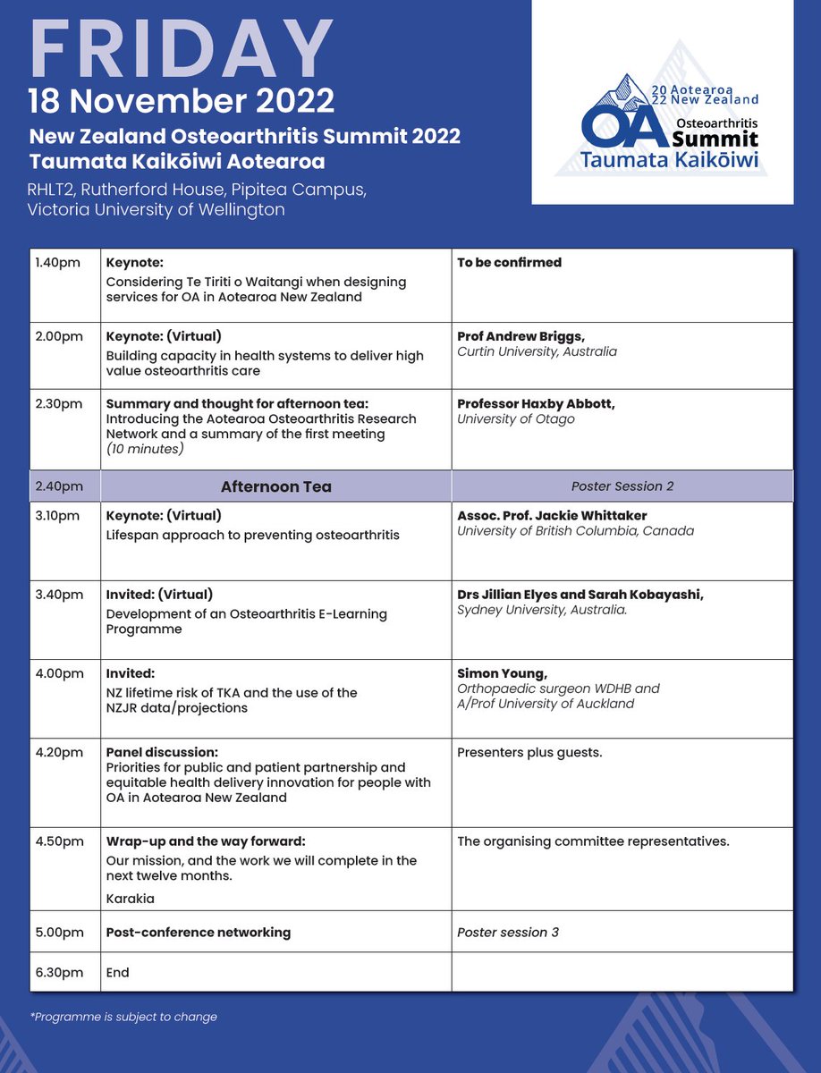 Osteoarthritis Aotearoa NZ (@oa_aonz) on Twitter photo @ACastricum <a href="/AndrewMBriggs/">Andrew Briggs</a> <a href="/ArthritisNZ/">Arthritis NZ - Mateponapona Aotearoa</a> <a href="/PhysioNZ/">Physiotherapy New Zealand</a> <a href="/minhealthnz/">Ministry of Health - Manatū Hauora</a> <a href="/WaikatoDHB/">Te Whatu Ora - Health New Zealand Waikato</a> <a href="/GPRHOtago/">Department of General Practice & Rural Health</a> <a href="/DSMOtago/">Otago Medical School - Dunedin Campus</a> <a href="/OtagoCHARR/">CHARR Otago</a> <a href="/OtagoWellington/">UniofOtagoWellington</a> <a href="/WellingtonUni/">WellingtonUni</a> <a href="/GPNZ3/">GPNZ</a> <a href="/DrSueMcGlashan/">Sue McGlashan</a> @RichardEllisNZ <a href="/DanielO65250221/">Daniel O'Brien</a> <a href="/Drbeckyg/">Prof Rebecca Grainger</a> <a href="/Haxby_Abbott/">Haxby Abbott</a> <a href="/CMOR_Otago/">Centre for Musculoskeletal Outcomes Research</a> <a href="/OssurCorp/">Össur</a> <a href="/jwhittak_physio/">Dr. Jackie Whittaker</a> <a href="/STSkou/">Søren T. Skou</a> <a href="/ALARA_AUT/">Active Living & Rehabilitation: Aotearoa NZ</a> <a href="/OARSInews/">OARSI</a> <a href="/ProfDavidHunter/">ProfDavidHunter</a> Here is the Program for Friday 18th November
New Zealand Osteoarthritis Summit 2022
Taumata Kaikōiwi Aotearoa
Wellington
Register here
arthritis.org.nz/event-details-… @ACastricum <a href="/AndrewMBriggs/">Andrew Briggs</a> <a href="/ArthritisNZ/">Arthritis NZ - Mateponapona Aotearoa</a> <a href="/PhysioNZ/">Physiotherapy New Zealand</a> <a href="/minhealthnz/">Ministry of Health - Manatū Hauora</a> <a href="/WaikatoDHB/">Te Whatu Ora - Health New Zealand Waikato</a> <a href="/GPRHOtago/">Department of General Practice & Rural Health</a> <a href="/DSMOtago/">Otago Medical School - Dunedin Campus</a> <a href="/OtagoCHARR/">CHARR Otago</a> <a href="/OtagoWellington/">UniofOtagoWellington</a> <a href="/WellingtonUni/">WellingtonUni</a> <a href="/GPNZ3/">GPNZ</a> <a href="/DrSueMcGlashan/">Sue McGlashan</a> @RichardEllisNZ <a href="/DanielO65250221/">Daniel O'Brien</a> <a href="/Drbeckyg/">Prof Rebecca Grainger</a> <a href="/Haxby_Abbott/">Haxby Abbott</a> <a href="/CMOR_Otago/">Centre for Musculoskeletal Outcomes Research</a> <a href="/OssurCorp/">Össur</a> <a href="/jwhittak_physio/">Dr. Jackie Whittaker</a> <a href="/STSkou/">Søren T. Skou</a> <a href="/ALARA_AUT/">Active Living & Rehabilitation: Aotearoa NZ</a> <a href="/OARSInews/">OARSI</a> <a href="/ProfDavidHunter/">ProfDavidHunter</a> Here is the Program for Friday 18th November
New Zealand Osteoarthritis Summit 2022
Taumata Kaikōiwi Aotearoa
Wellington
Register here
arthritis.org.nz/event-details-…
