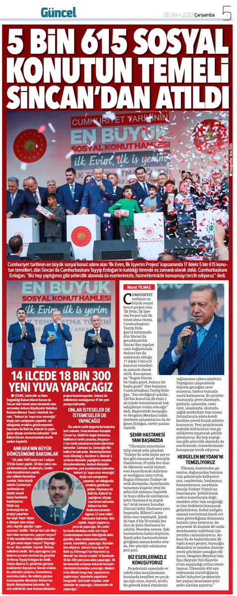 Cumhuriyet tarihinin en büyük sosyal konut adımı olan ‘İlk Evim, İlk İşyerim Projesi’ kapsamında 17 ildeki 5 bin 615 konutun temelleri, dün #Ankara Sincan’da Cumhurbaşkanı Tayyip Erdoğan’ın katıldığı törende eş zamanlı olarak atıldı. hurriyet.com.tr/yerel-haberler…