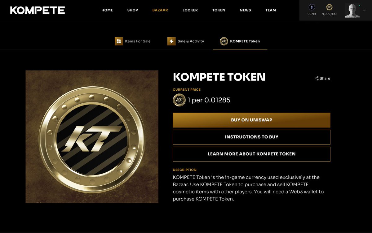 Sneak peek of our secondary marketplace called the Bazaar! 👀

This gives the ability for players to buy &amp; sell KOMPETE cosmetics with other players using KOMPETE Token!

True utility &amp; demand! #KOMPETE #ETH #Crypto
