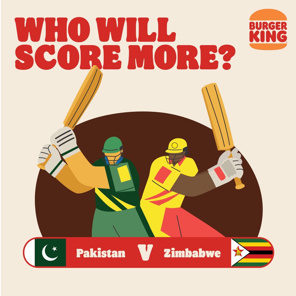 BurgerKingPak's tweet photo. Cricket matches are as unpredictable as your hunger can be! 🏏 

#BurgerKingPakistan 
#burgerking #worldcup22 #pakistanvszimbabwe https://t.co/MrSQWaIiw3