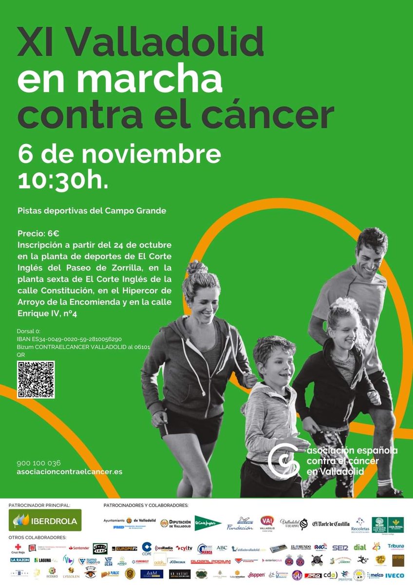 AytoRioseco's tweet photo. 💚 #XIValladolidEnMarcha contra el cáncer. 

🗓 Domingo 6 de noviembre. 
🕗 10:30 horas.
📍Campo Grande de Valladolid. 
👉🏻 Inscripciones en El Corte Inglés de Valladolid e Hipercor. https://t.co/eecp1rEs3M