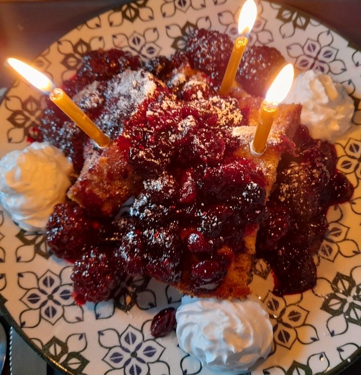 Birthday Breakfast 🎂 Yes it's official I'm 53 today! Missis made homemade French Toast with Dark Forest Fruit Compote and Cream 🤪😋💚🌱