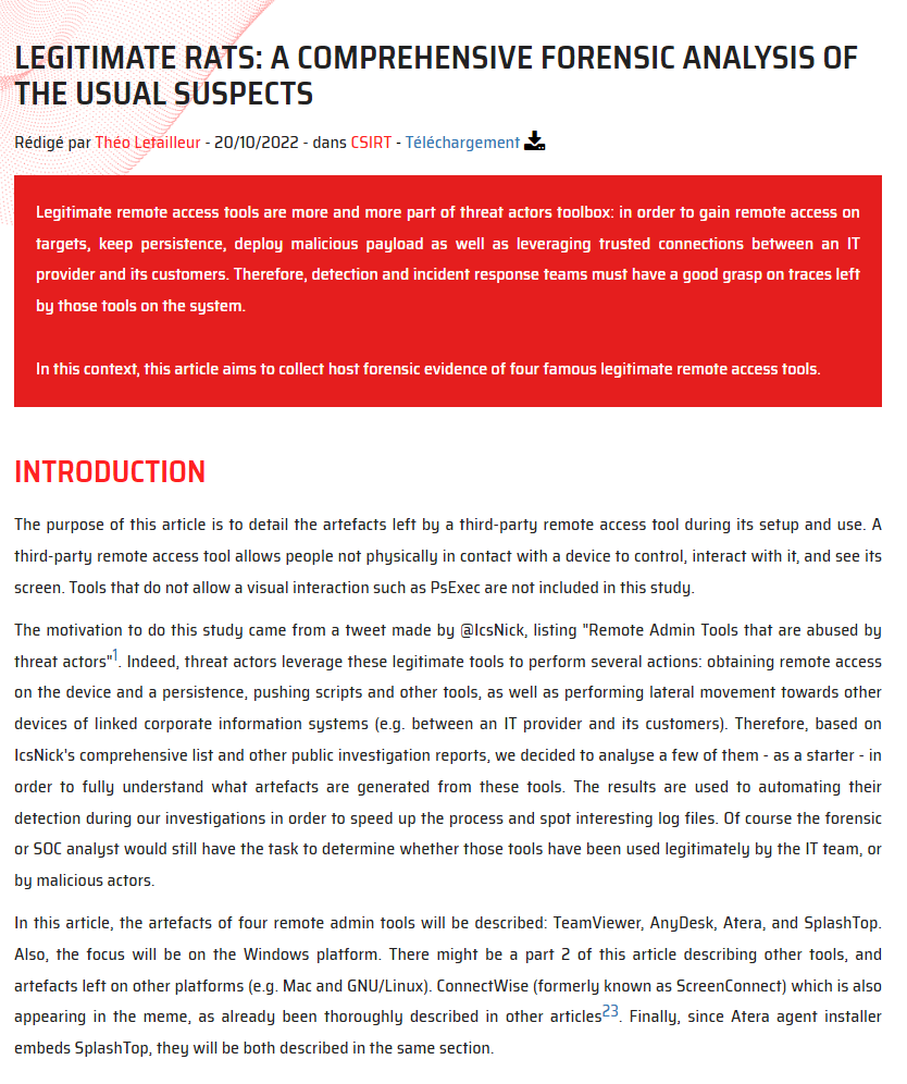 Synacktiv's <a href="/ektoplasma_/">ekt0</a> details the artifacts left by common legitimate third-party remote access tools such as TeamViewer, AnyDesk, Atera &amp; SplashTop during their setup and use.  synacktiv.com/publications/l…