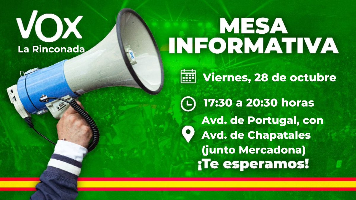 vox_san's tweet photo. 📢 Este viernes, ¡mesa informativa en La Rinconada!

Acércate a conocer al equipo local, afiliarte, transmitirnos tus quejas e inquietudes, y conocer la #AgendaEspaña. 

¡No lo pienses, acude! ¡Te esperamos! 

Toda la información detallada
en la cartelería 👇 https://t.co/4N1Nxl5mnK