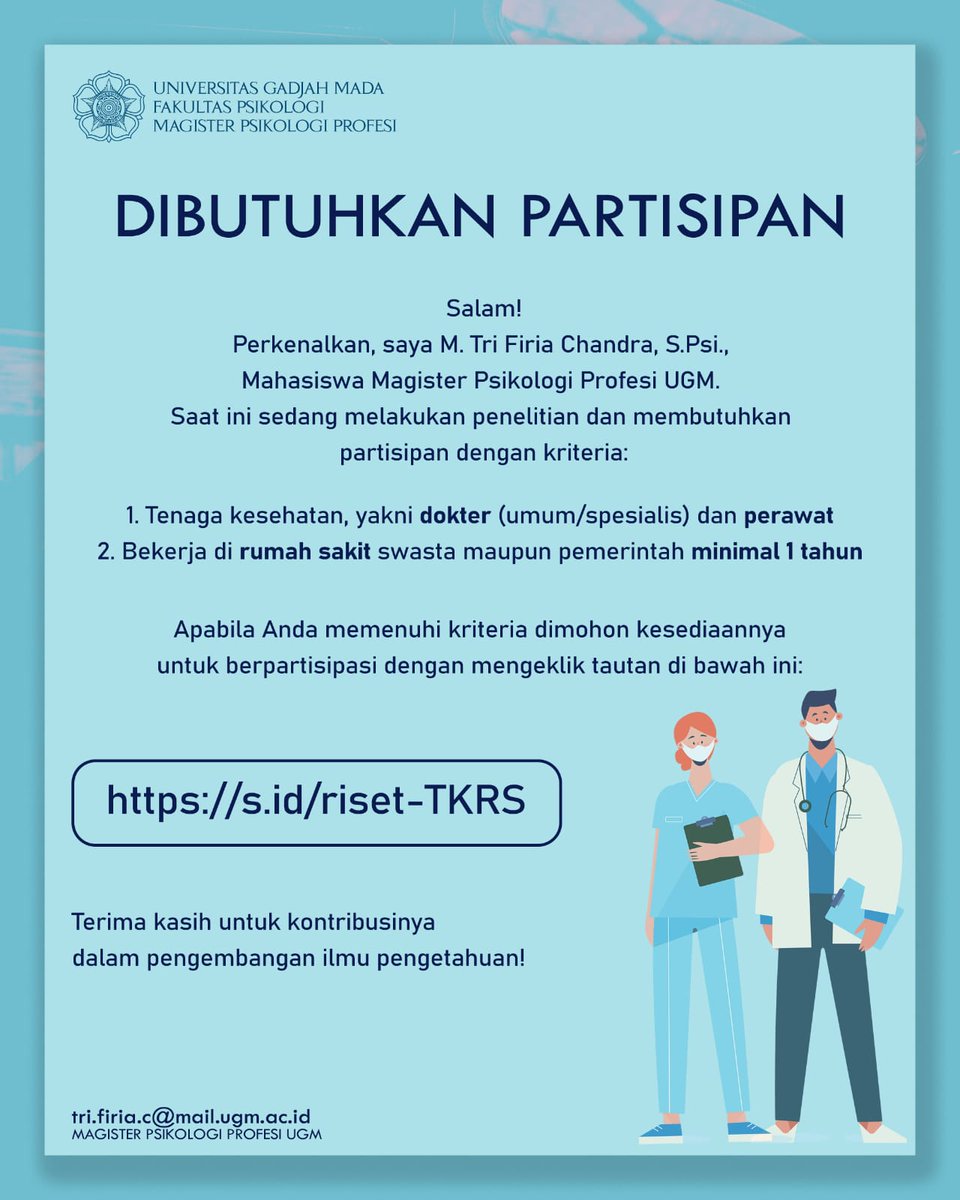 MTFChandra's tweet photo. Kepada para Dokter dan Perawat, saya memohon kesediaannya untuk turut andil sebagai partisipan penelitian saya:

 https://t.co/2r7Ig1PoOO 

Tidak ada manfaat secara langsung yang saya janjikan, selain penelitian ini dapat membantu mengembangkan keilmuan yang ada- https://t.co/UtACRc2ott
