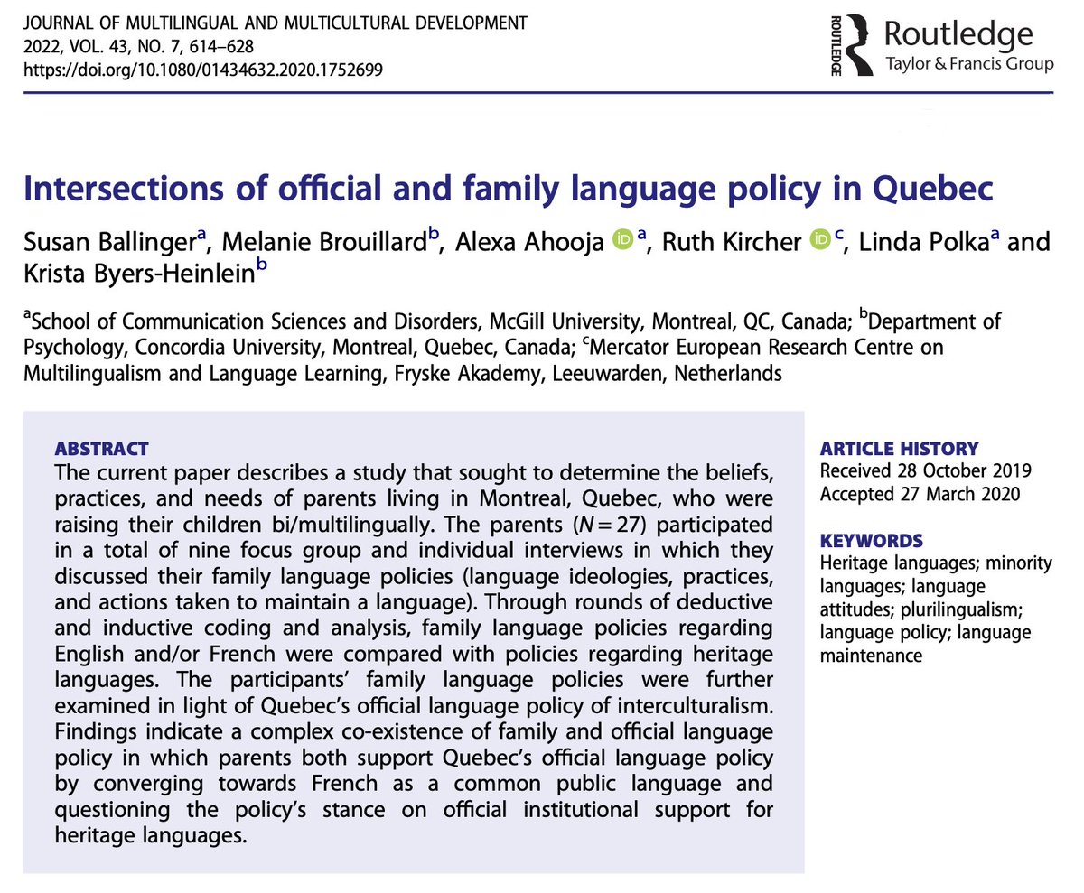 Delighted that this paper — which was the first based on our project about #multilingual #families in Quebec — is now out as part of a volume in JMMD! If you are interested in official #LanguagePolicy & #FamilyLanguagePolicy, there are free e-copies:
tandfonline.com/eprint/SCH6UEX…