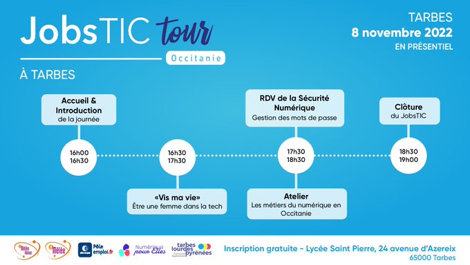 FTravail_OCC's tweet photo. De nombreuses #entreprises dans le secteur du #numérique seront présentes au #JobsTIC à #Tarbes le 08/11, consacrée cette année à la #cybersécurité.
L’objectif : assembler, fédérer et favoriser l'#emploi en Occitanie. https://t.co/gMpzmttVwx @LaMeleeAdour @ANSSI_FR @AggloTLP https://t.co/JgkkMwzCEm