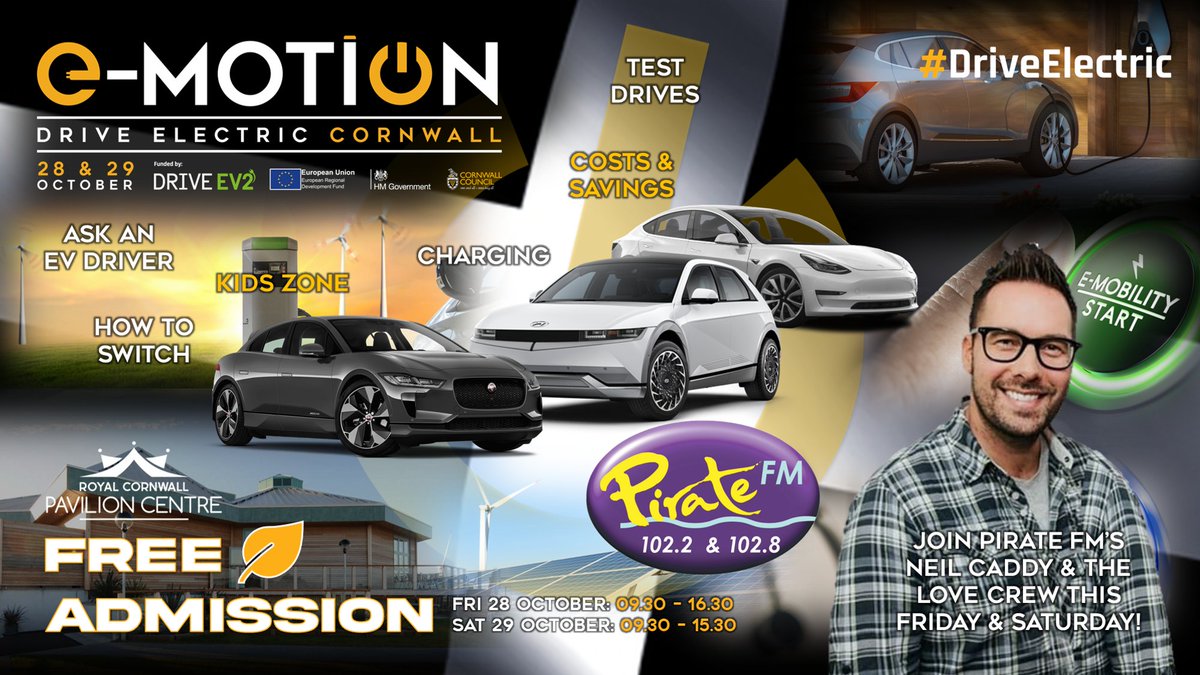Join <a href="/CornwallCouncil/">@cornwallcouncil</a> &amp; <a href="/piratefm/">Pirate</a> for the biggest electric vehicle event the county has seen. Test drives galore, charging solutions, EV Champions and a kids zone. FREE ADMISSION @ e-motioncornwall.co.uk E-MOTION is funded by the European Regional Development Fund #DriveElectric
