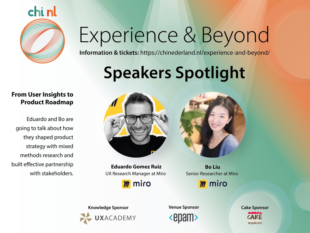 📣 Experience &amp; Beyond: Connecting HCI &amp; UX Researchers

Eduardo Gomez Ruiz (<a href="/egomezspain/">Eduardo Gómez Ruiz</a>) &amp; Bo Liu from <a href="/MiroHQ/">Miro</a> will talk about how they shaped product strategy with mixed methods research and built effective stakeholder partnerships.

🔗 Info + tickets: chinederland.nl/experience-and…