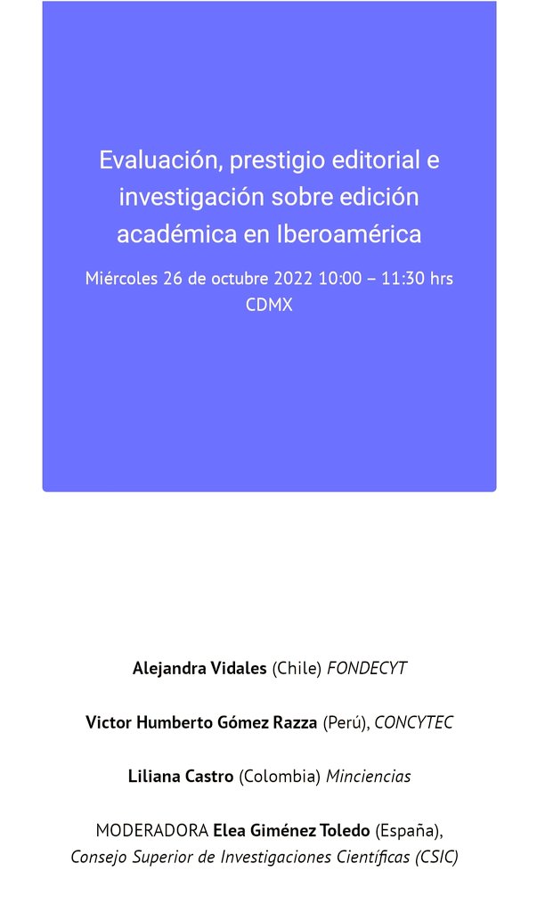Esta tarde a las 17h (CEST) hablaremos sobre #Edición académica y #evaluación con representantes de Fondecyt (Chile), Concytec (Perú) y Minciencias (Colombia). Más información en illac.mx/jornadas-2022/ <a href="/AsociacionEULAC/">EULAC | Edición universitaria</a>