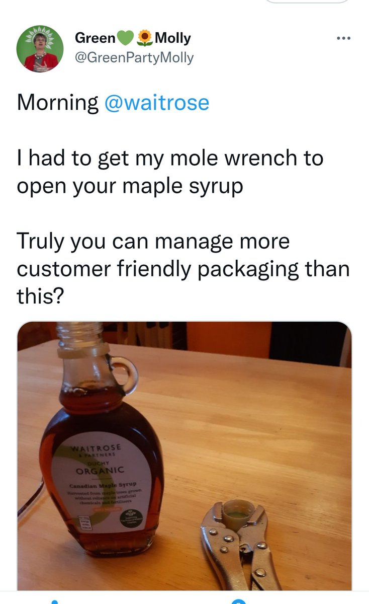 norfolkpainter's tweet photo. Half an hour ago, Green Party Molly was living in poverty. 2 minutes she's opening a bottle of Waitrose Duchy Organic Maple Syrup at £6.50 a touch. How the other half live hey!  #laughable https://t.co/iXdbtQUSMs