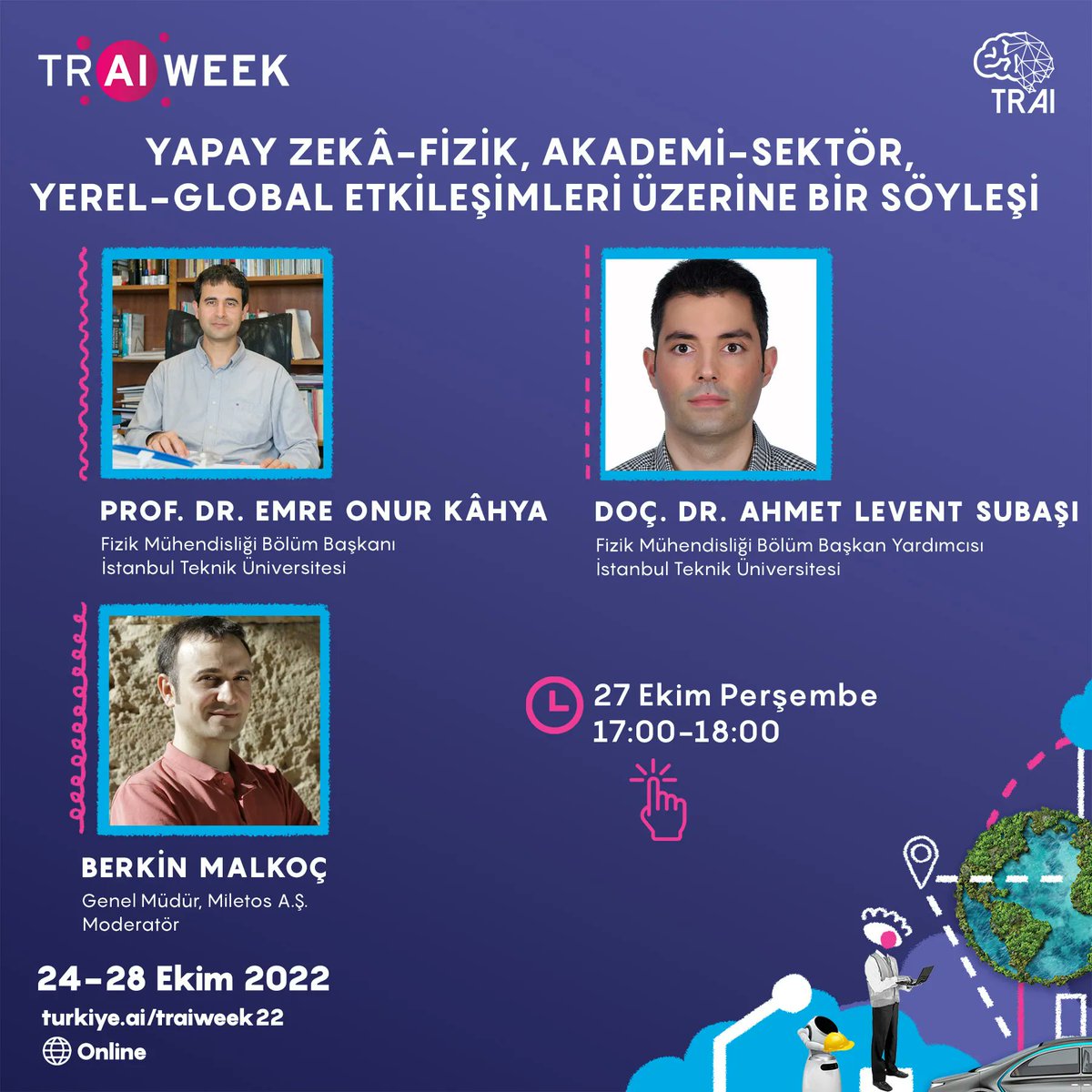 turkiyeai's tweet photo. TR AI WEEK'te Perşembe günü son oturumda yapay zekanın fizik ile akademinin özel sektör ile ve yerel çalışmaların global ile etkileşimini konuşacağımız bir oturum gerçekleştireceğiz.
Link: https://t.co/67Us08ttlV
#traiweek #turkiyeyapayzekahaftasi #yapayzeka #TRAI #ai https://t.co/gWYcos167r