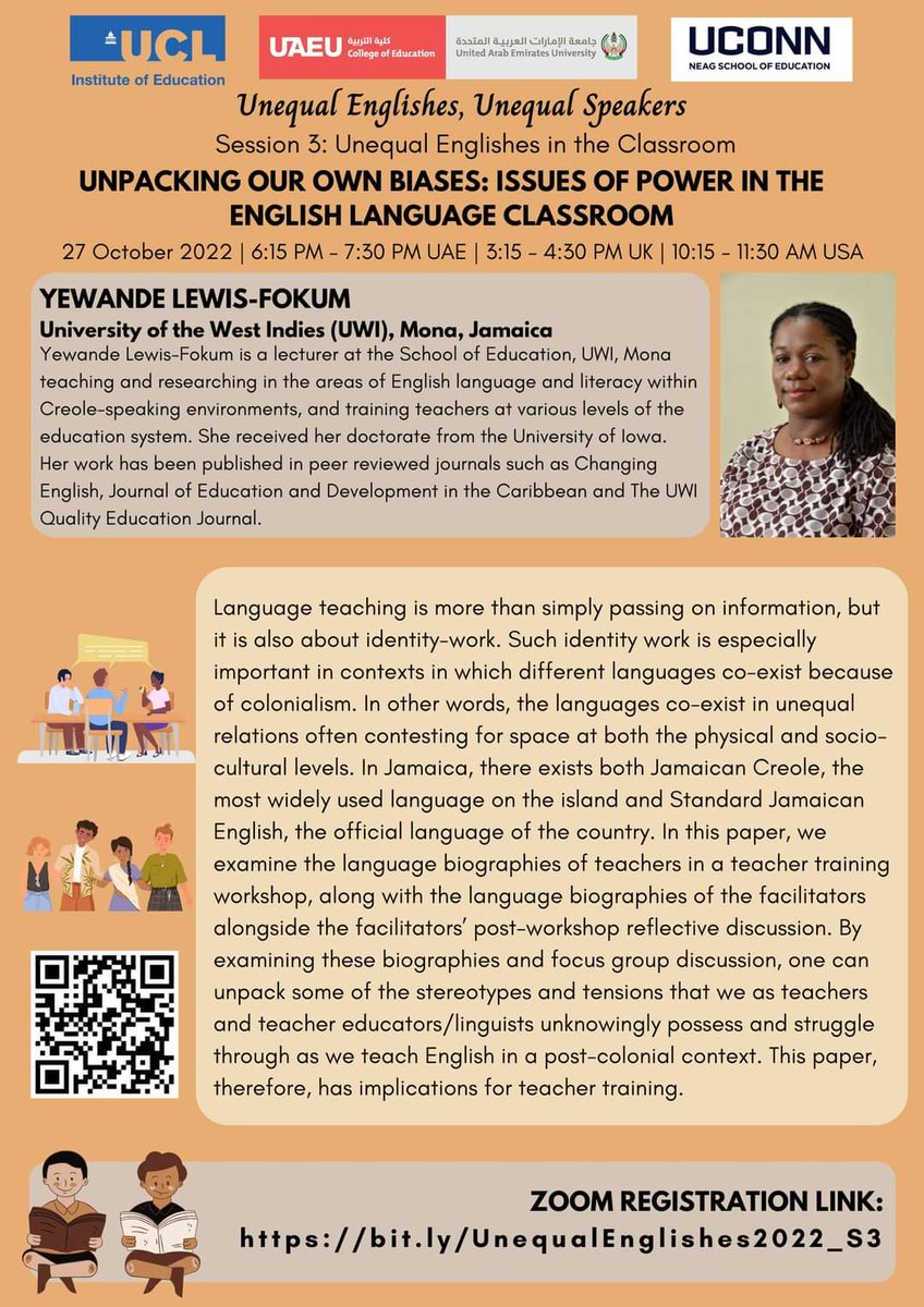 TupasRuanni's tweet photo. This Thursday!
This is the third in our series on โ#UnequalEnglishes, Unequal Speakersโ, to be held on 27 October, Thursday, 6:15 โ 7:30 pm UAE time (3.15pm London)
Theme for Session 3 is "Unequal Englishes in the Classroom".
Registration link here!
https://t.co/WWquPzi5Ek https://t.co/njMDL6cE0j