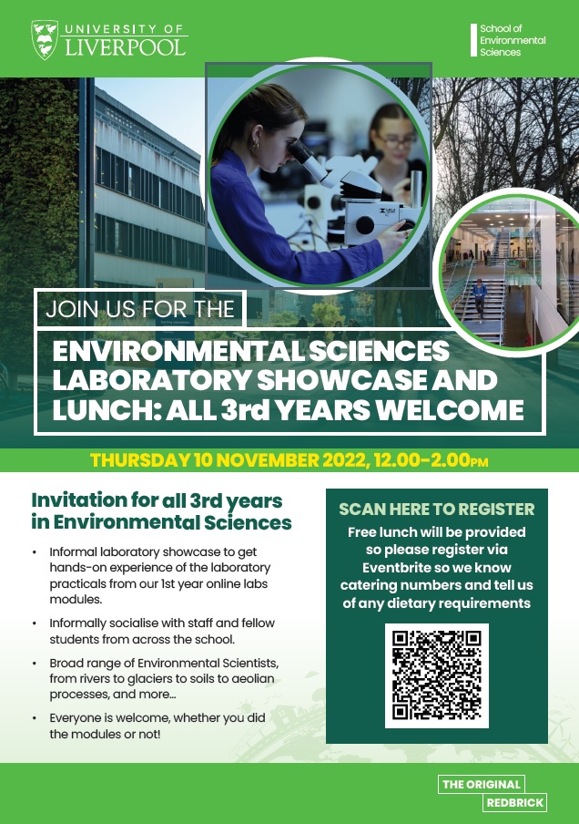 Calling all 3rd year students in the School of Environmental Sciences @LivUniSoES_SET ... join us for our lab showcase & lunch on Thurs 10th Nov 12 pm in the CTL Lab 5. It'll be an informal gathering of staff & students. Please sign up so we have catering numbers!