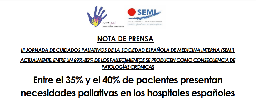 📢🔴 #Notadeprensa de #3PaliativosSEMI | 'Entre el 35% y el 40% de pacientes presentan necesidades paliativas en los hospitales españoles' 🔗cutt.ly/XNstUoW #SEMITuit #MedicinaInterna