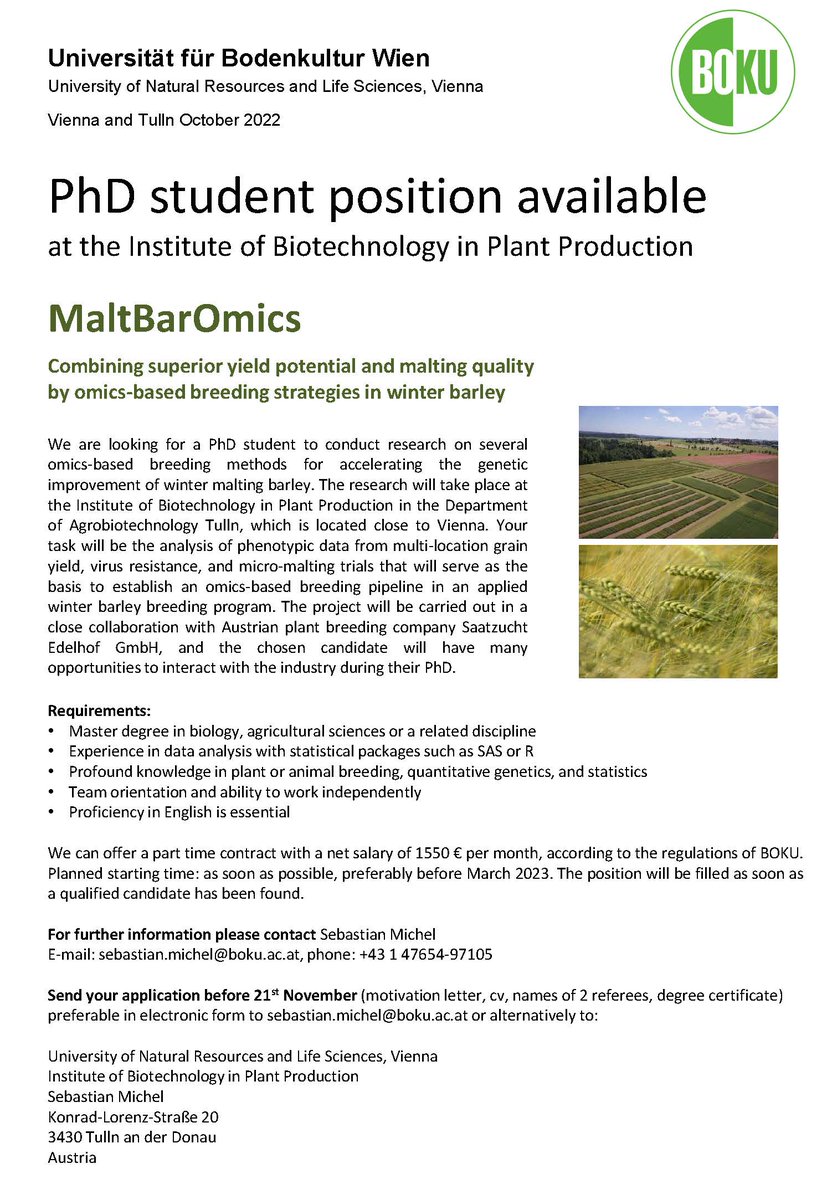 GPZeV's tweet photo. PhD student position MaltBarOmics at the Institute of Biotechnology in Plant Production, Tulln, Austria #plantbreeding #PlantSciJobs. Please apply or RT! https://t.co/OfQQBguEfc