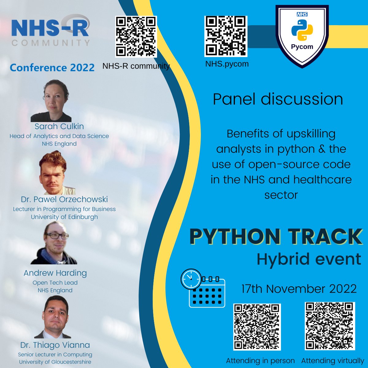 NHS Python Community (@nhspycom) on Twitter photo We have assembled a wonderful panel to discuss the benefits of upskilling analysts in Python and the use of open-source code in the NHS and healthcare sector. Join us to hear their thoughts on 17/11/2022 - nhs-pycom.net/nhs-r-conferen… <a href="/sarah_culkin/">Sarah Culkin</a> <a href="/DrPawel/">Dr Pawel Orzechowski</a> <a href="/uniofglos/">University of Gloucestershire</a> #Python #NHS We have assembled a wonderful panel to discuss the benefits of upskilling analysts in Python and the use of open-source code in the NHS and healthcare sector. Join us to hear their thoughts on 17/11/2022 - nhs-pycom.net/nhs-r-conferen… <a href="/sarah_culkin/">Sarah Culkin</a> <a href="/DrPawel/">Dr Pawel Orzechowski</a> <a href="/uniofglos/">University of Gloucestershire</a> #Python #NHS