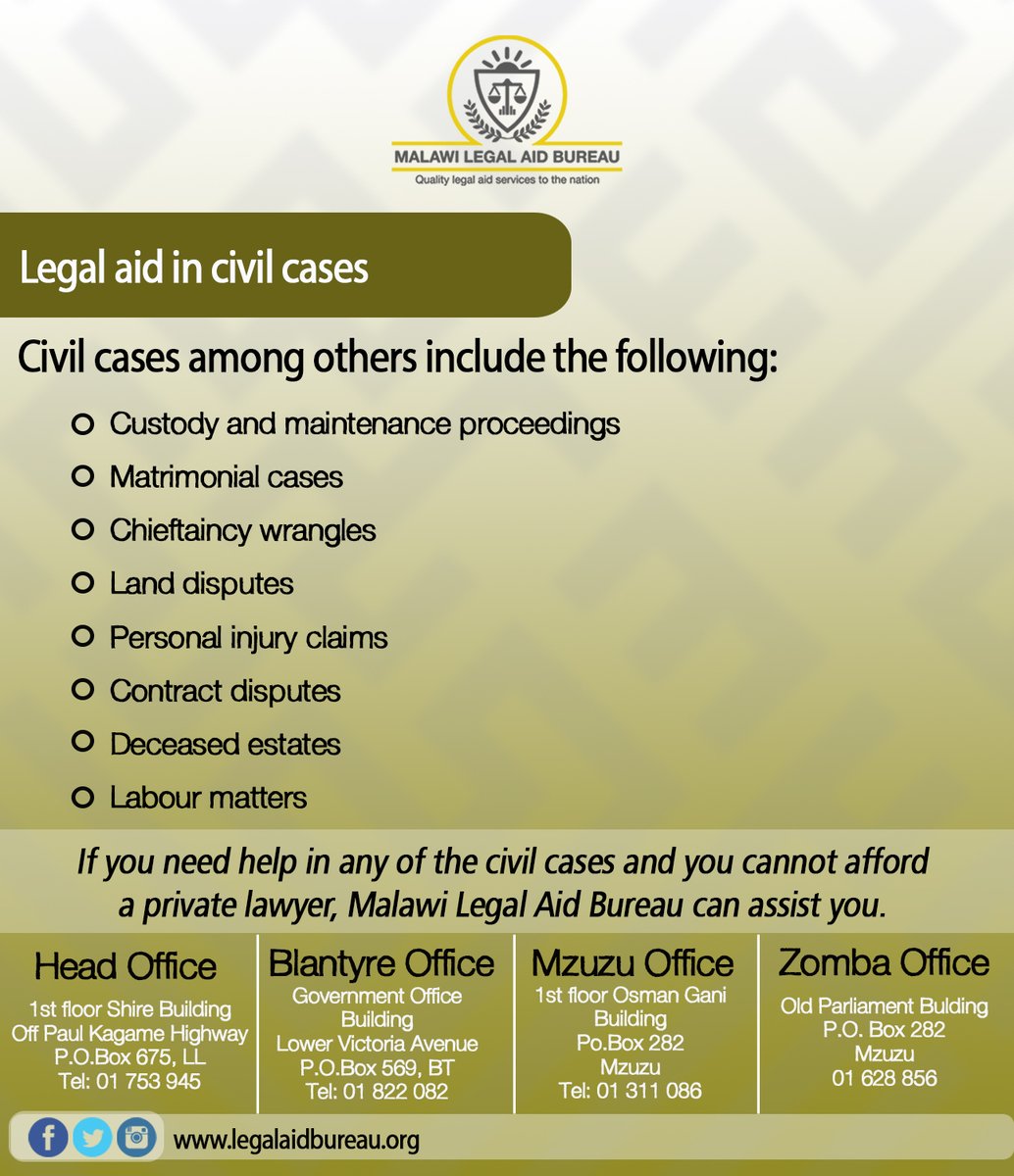 In civil cases where you require the representation of a lawyer and you have insufficient funds, give us a call or visit our offices.

Legal Aid Bureau is spread across the country with officers ready to give you a hand in times of need.
#LegalAid #Malawi #Awareness #CivilCases