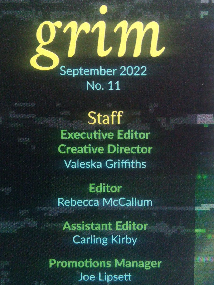 This is a special moment for me, my first essay in print was with <a href="/thisisgrimmag/">grim</a> &amp; I'll never forget how amazing that felt. Now I have my name under an Editor credit in the staff list. So proud to be a part of this beautiful publication &amp; <a href="/bitchcraftTO/">v</a> you are an inspiration! ✨