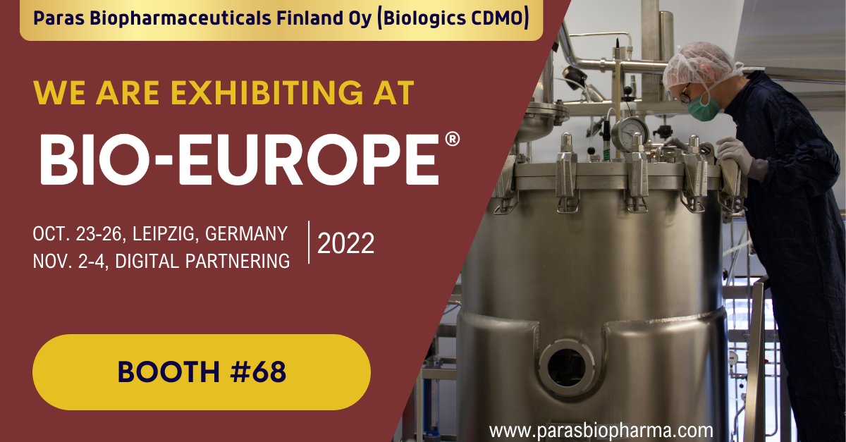ParasBiopharma's tweet photo. Paras Biopharmaceuticals is exhibiting for the final day at #BIOEurope in Leipzig, Germany! Come meet us at booth #68 or schedule a meeting via the conference platform! https://t.co/QzE4oa2DIh
#bio #cdmo #biologics #production #scaleup #development #EBDgroup https://t.co/dI7xJFDbug