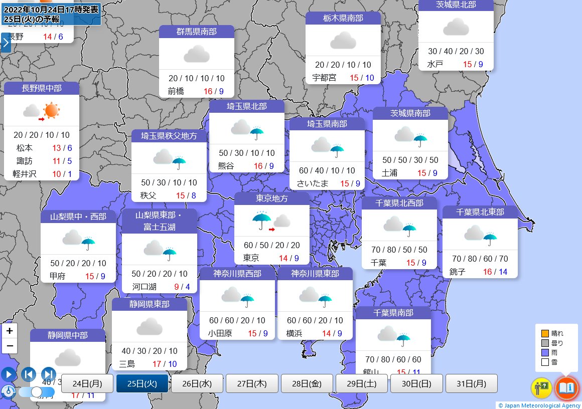 関東冷えます。 明日25日の東京都心の最高気温14℃、朝の最低気温は9℃の予報です。あたたかくしてお過ごしください。