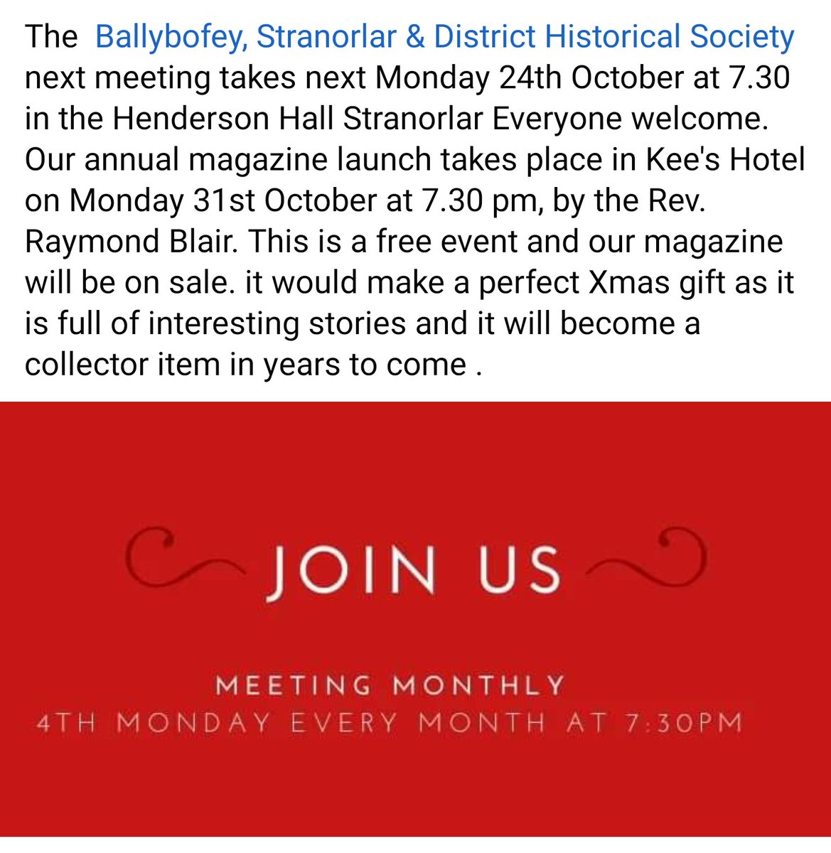 Two dates for your diary....tonight, 24th Oct is our monthly meeting at 7.30pm in the Henderson Hall, #Stranorlar Next Monday, 31st Oct sees our 9th Annual Launch in @KeesHotel #Stranorlar at 7.30pm by Rev Raymond Blair, President of Co.Donegal Historical Society. All Welcome.