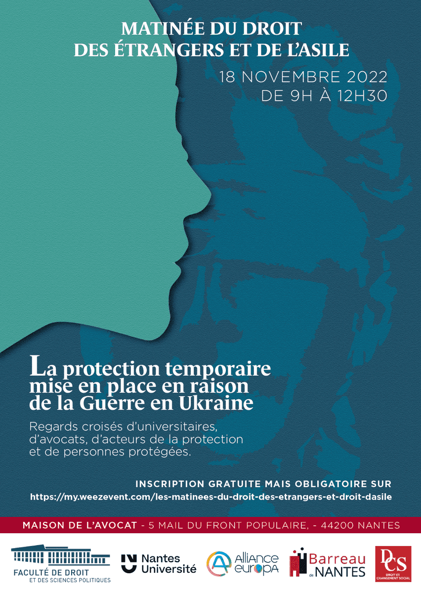 La <a href="/FacDroitScPoNte/">FacDroitScPoNantes</a> et le barreau de Nantes organisent la 1ère matinée du droit des étrangers et de l'asile, sur "La protection temporaire mise en place en raison de la Guerre en Ukraine". En présentiel à la maison de l'avocat, le 18/11 de 9h à 12h30. lnkd.in/exN5iJG3