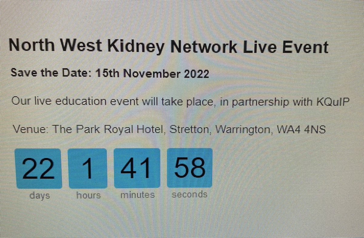 22 days until our Launch day / QI conference. It will be an informative day with an amazing opportunity to meet colleagues in the north west kidney network. The Eventbrite link has been circulate so please sign up if you haven’t done so already. #NWkidneys