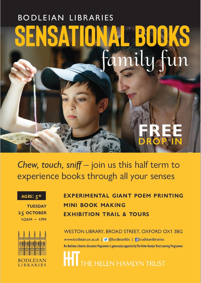 ⭐️ Kids aged 5+ will love our #SensationalBooks half term family fun day tomorrow! ⭐️ Experience books through all the senses - giant poem printing - mini sensory book making - family exhibition trails - café ⏰10am-1pm - just drop in :) visit.bodleian.ox.ac.uk/event/oct22/se…