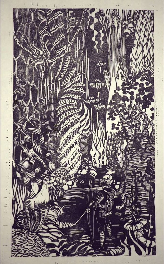 vexcavator's tweet photo. Awesome linocut by kelsonreed on instagram with videos of the process "The idea for this print came to me earlier this week when I picked up one of those nearly forgotten books: 'The Vorrh'" https://t.co/QUUQbhnMAQ #Vorrh https://t.co/53AxSTS0qc