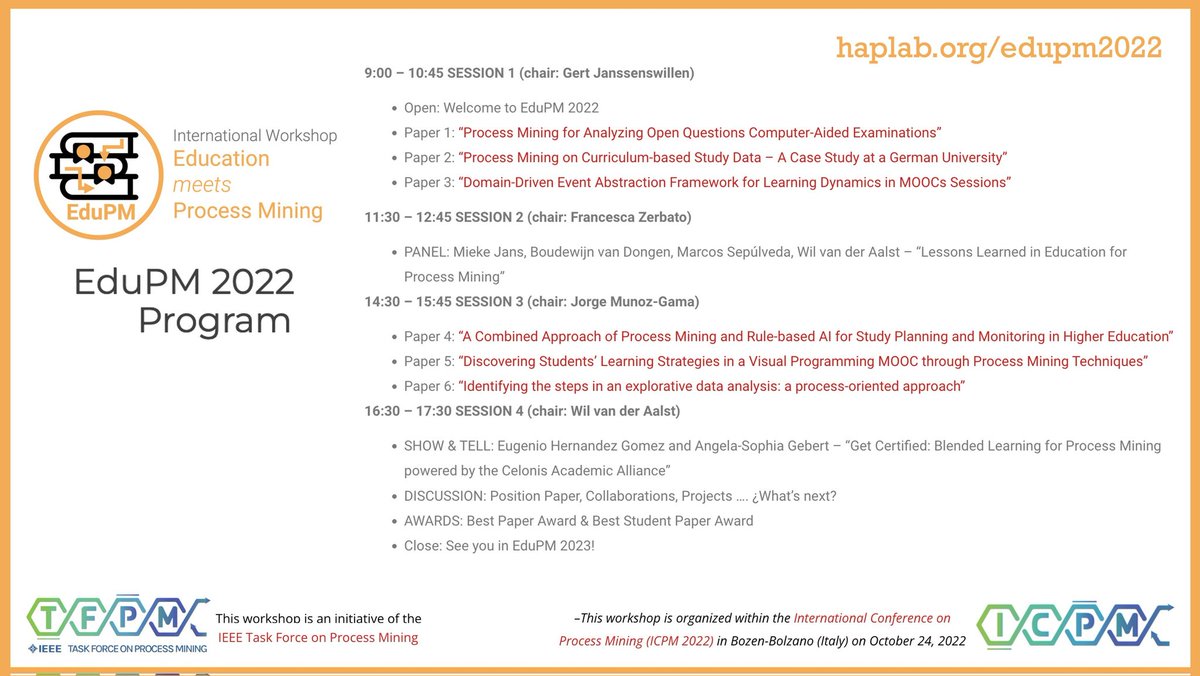 GJanssenswillen's tweet photo. It's time to open the first international workshop "Education meets Process Mining" #EduPM at #ICPM2022. @icpm_conf @JorgeMunozGama @wvdaalst #processmining https://t.co/YnaQf4SAHi