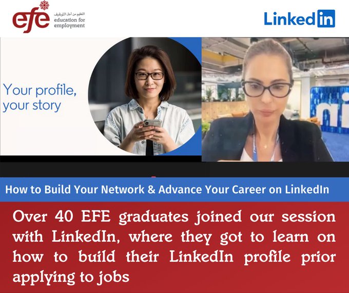 Over 40 UAE-based EFE graduates joined LinkedIn hosted “Shape Your LinkedIn Profile” session. Youth learned how to update their #LinkedIn profiles, apply for #jobs and connect with others on LinkedIn. This is one of many online series EFE delivers in partnership with LinkedIn.