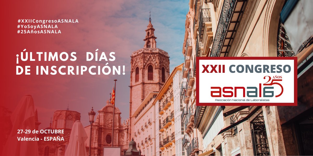 ⏰ ¡Últimos días para inscribirte al #XXIICongresoASNALA! Únete a cientos de compañeros #laboralitas del panorama nacional e internacional para disfrutar de tres días de #formación y #networking 👉asnala.com/congresos/xxii

#25AñosASNALA #YoSoyASNALA