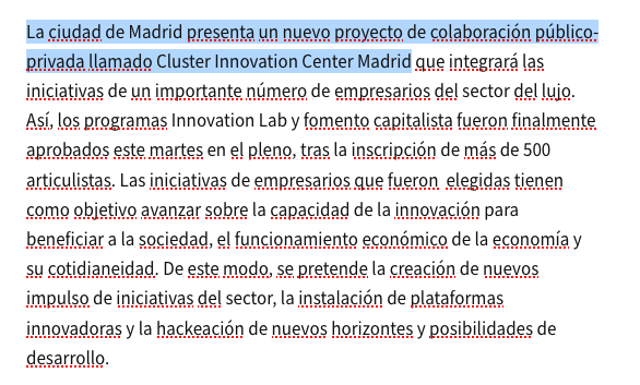 Me estoy enganchando a los bots de escritura. Esto es de inferkit. Lo subrayado en azul es lo que le he dado yo sin ninguna otra indicación. Él ha escrito todo lo demás. Me troncho, casi podría colar como una nota de prensa de Villacís. Lo de "fomento capitalista" me fascina.