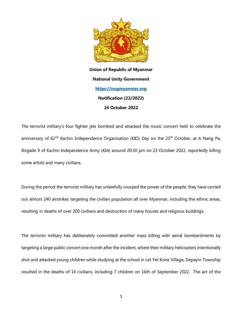 NUGMyanmar's tweet photo. Terrorist military’s four fighter jets bombed &amp; attacked the music concert held to celebrate anniversary of 62nd (KIO) Day on the 25th Oct, at A Nang Pa, Brigade 9 of Kachin Independence Army (KIA) around 20:30 pm on 23 Oct 2022, reportedly killing some artists &amp; many civilians. https://t.co/2T1hK0w3SN