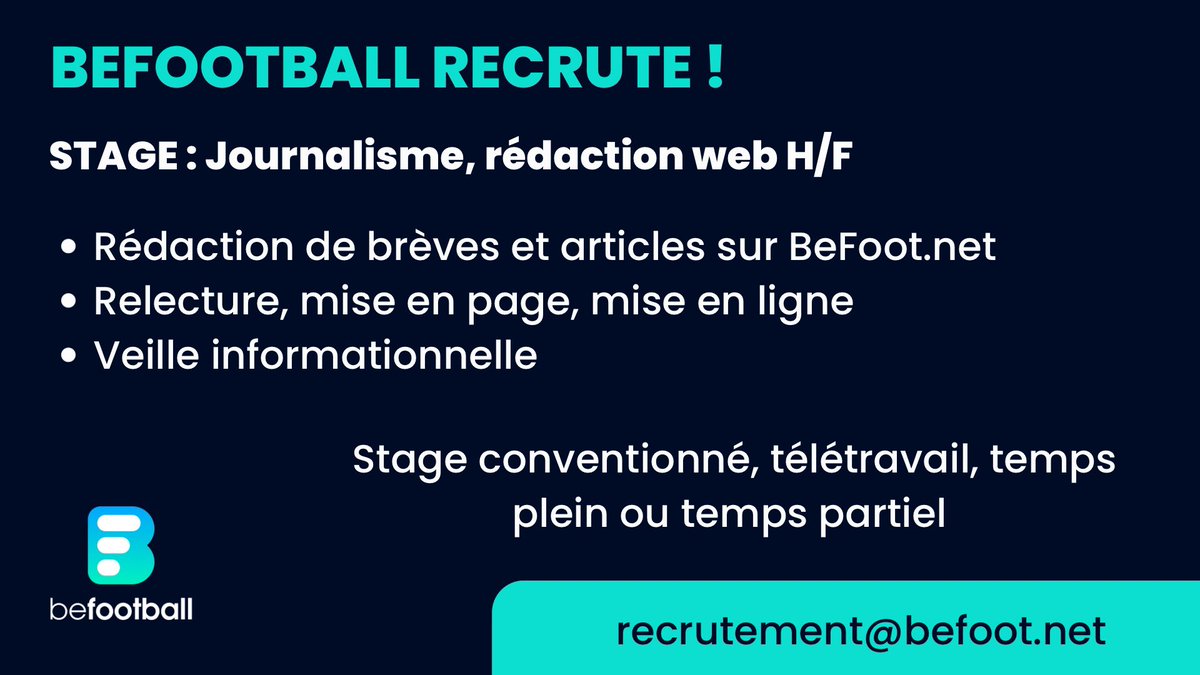 Tudoriste's tweet image. 🔴 OFFRE DE #STAGE 🔴 

⚽️ Passe le mondial 2022 dans la rédaction de @_BeFootball ! 

• Stage conventionné
• début du stage : dès que possible 
• Télétravail 

➡️ Pour candidater : 

📩 : recrutement@befoot.net

CV + date de dispo 😀
