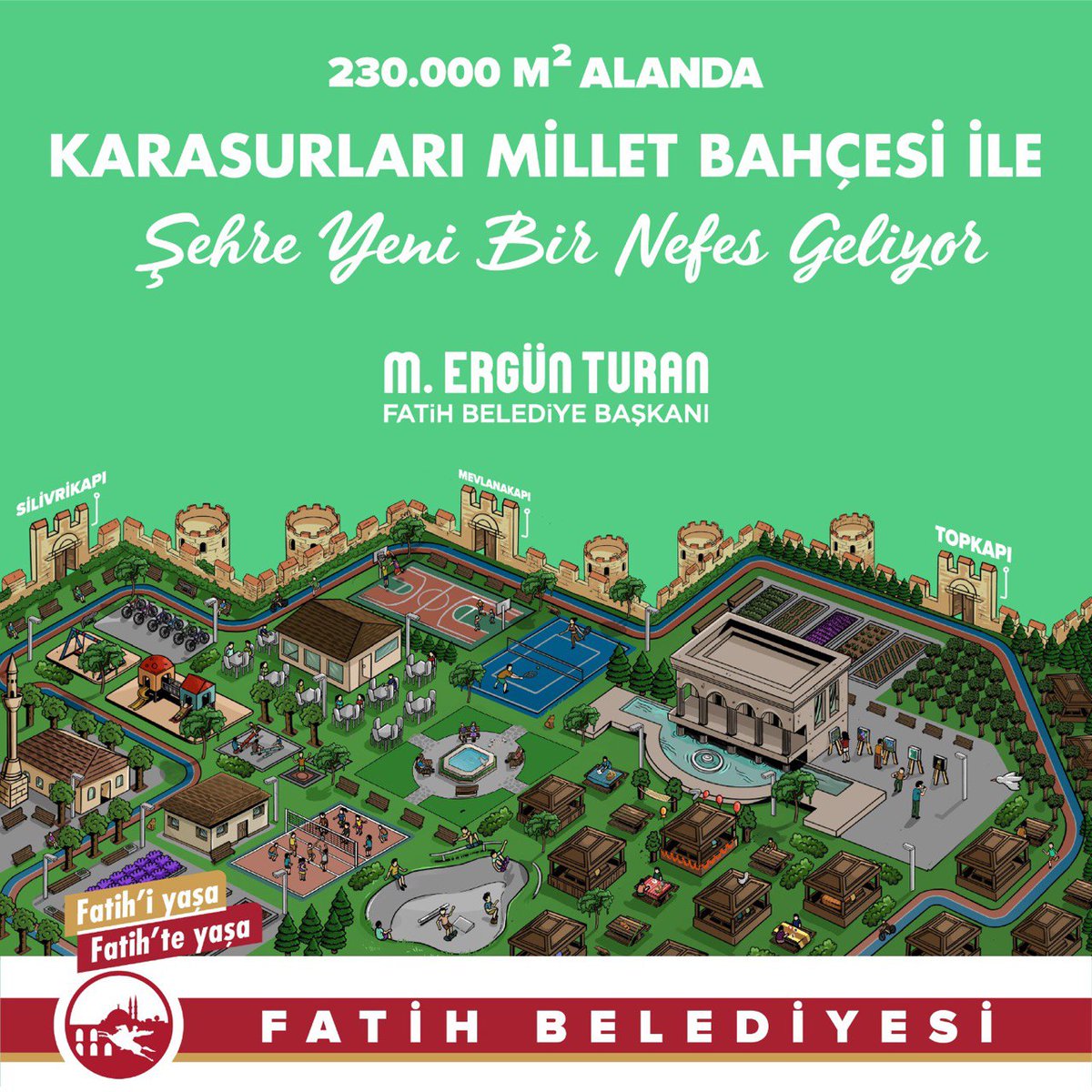 Karasurları Millet Bahçesi ile şehre yeni bir nefes geliyor. Silivrikapı, Mevlanakapı ve Topkapı mahallelerimizi kapsayan 230.000 m2lik alanda çalışmalarımız devam ediyor. Tarihi kara surlarını prestij projemizle birlikte Fatih’imize, İstanbul'umuza ve turizme kazandırıyoruz.