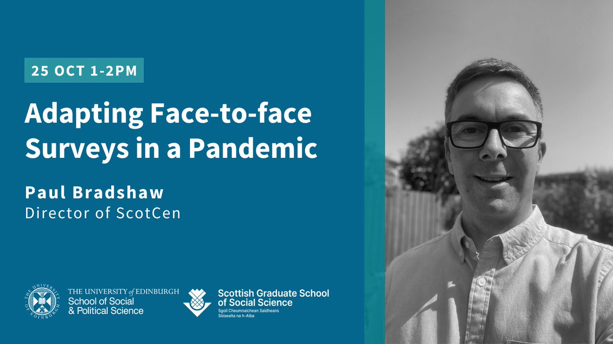 📣 It's your last chance to register for our upcoming seminar!

Adapting Face-to-face Surveys in a Pandemic with <a href="/paulbScotCen/">Paul Bradshaw</a>  

Tues 25 Oct, 13:00 – 14:00
Hybrid event - attend online or in-person

Book your place by 9am tomorrow ➡️ edin.ac/3QYMwlq