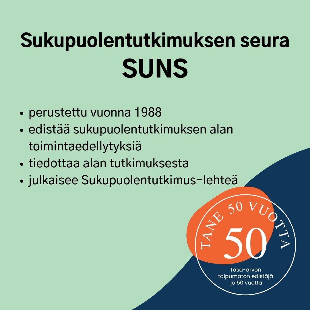 tasaarvoTANE's tweet photo. Sukupuolentutkimuksen seuralla on asiantuntijajäsenen paikka Tanen sukupuoli, talous ja valta -jaostossa. Haastattelimme SUNSin Paula Koskinen Sandbergiä seuran toiminnasta. #MeOlemmeTane #TasaArvo #Tane50 Lue joko haastattelu Tanen verkkosivuilta: https://t.co/EPzYcizMIV https://t.co/5uDQN8pyj5
