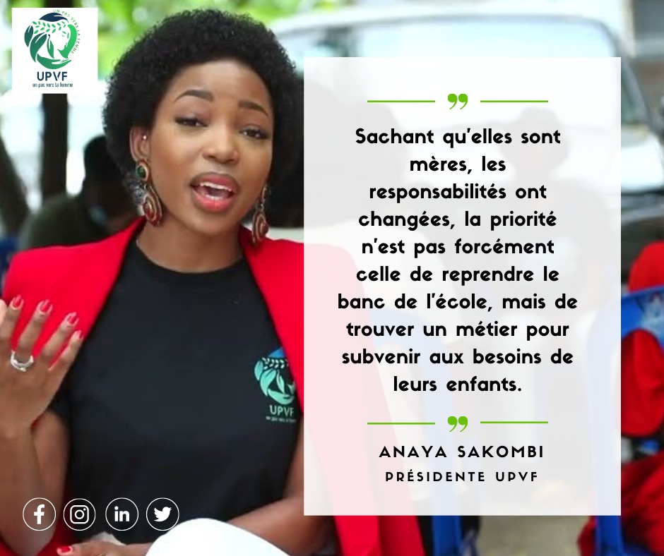 Upvf_ong's tweet photo. " Sachant qu'elles sont mères, les responsabilités ont changées, la priorité n'est pas forcément celle de reprendre le banc de l'école, mais de trouver un métier pour subvenir aux besoins de leurs enfants" 

@AnayaSakombi 

#RDC #femme https://t.co/EhOdlSRGSJ